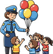 © Black_Studio - police officer sharing joy a cartoon of kindness and balloons, isolated on transparent background