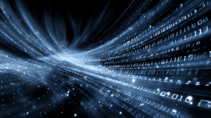 A futuristic tunnel or pipeline created from a stream of glowing binary code, with a mix of white and blue characters. It evokes a sense of fast-moving data and digital information.