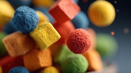 Wall Mural - Vibrant Colorful Powder Cubes and Spheres in Dynamic Arrangement