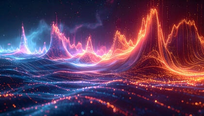 Wall Mural - Abstract digital landscape of glowing lines and points, creating a vibrant, futuristic visualization.