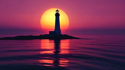 High lighthouse silhouette on rocky cliff at calm ocean against sunset in purple sky.