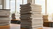 © Asif - stack of books, High stack of paper documents on office desk. Bureaucracy, administrative work, paperwork concept. Office workspace, management, archiving, filing, record keeping. Old-fashioned outdat