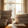 © Asif - stack of old books, High stack of paper documents on office desk. Bureaucracy, administrative work, paperwork concept. Office workspace, management, archiving, filing, record keeping. Old-fashioned ou