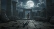 © muharsakas - Mummy stands in ruins under a full moon casting a long shadow