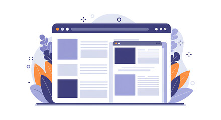 Abstract illustration of a web browser displaying content with a smaller, nested responsive window, surrounded by stylized leaves.