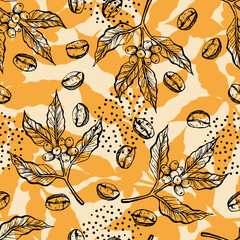 Wall Mural - Seamless yellow pattern with coffee tree branches with leaves and beans. Coffee grains in graphic style hand drawn. Vector illustration.