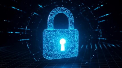 Securing Data: Digital Padlock Rotating in Cyberspace - Futuristic Technology