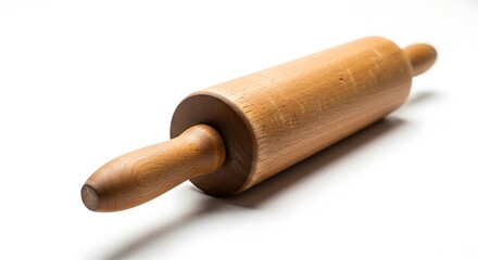 A classic wooden rolling pin with handles on a white background, ready for baking.