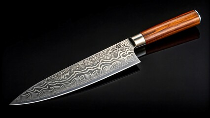 Sharp kitchen knife with wooden handle isolated on black background
