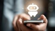 © grooveisintheheart - Artificial intelligence technology and online virtual support by a robot bot. Chatbot. A business person is using an AI chat bot to help with customer service. Mobile phone app