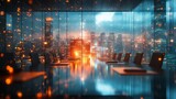 Double exposure effect of an abstract business environment with a modern boardroom background. Lighting effects and a cityscape backdrop highlight collaboration, innovation, Generative AI