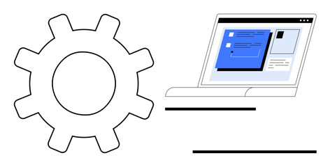 Cogwheel and laptop screen with interface elements symbolize system integration, tech optimization, productivity, management. Ideal for automation, software, workflow, engineering, innovation