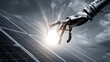 © Allie - Robotic hand reaching toward solar panels under bright sunlight
