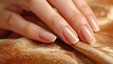Elegant nude nails with French tips, resting on golden fabric