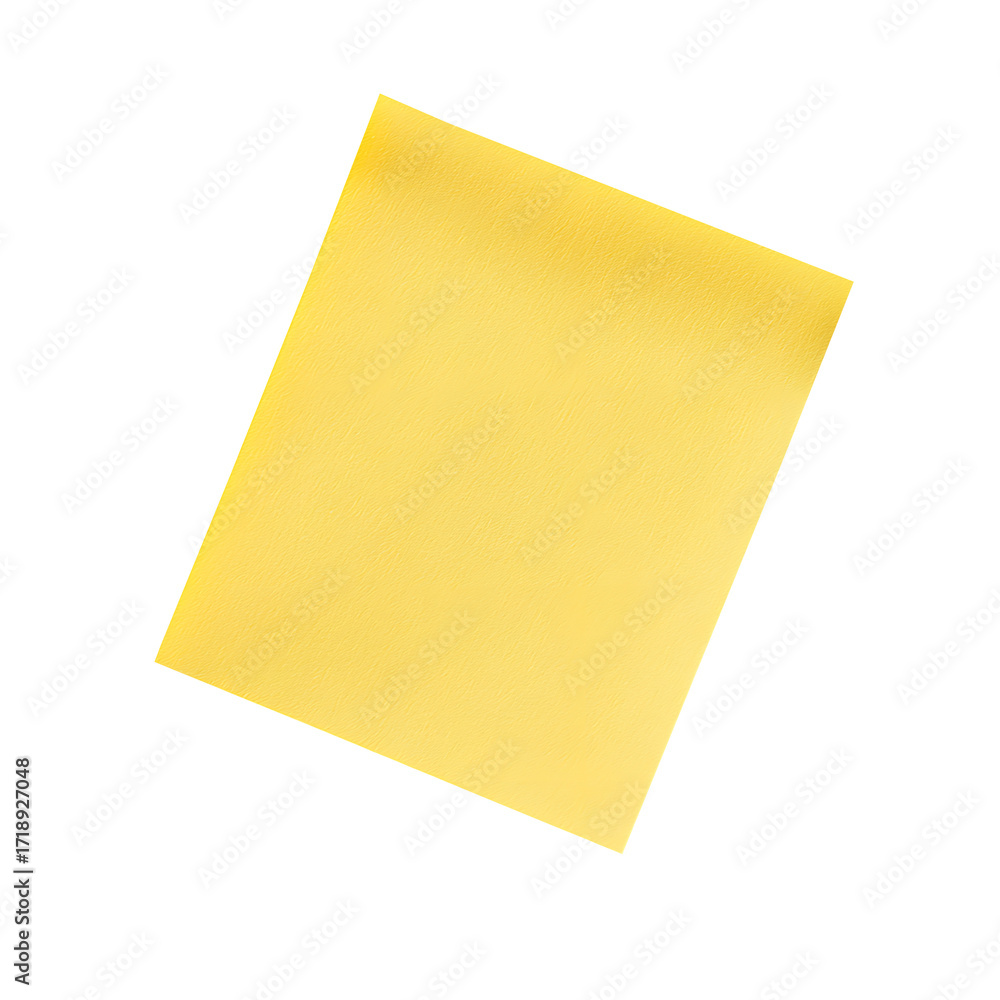Yellow sticky note with a blank surface, ideal for writing reminders, messages, or short notes. The paper texture is smooth, making it easy to write on. isolated on a white background