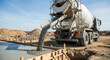 © iQbal Esmoyr - A concrete mixer truck pours wet cement into wooden forms on a construction site under a clear blue sky.