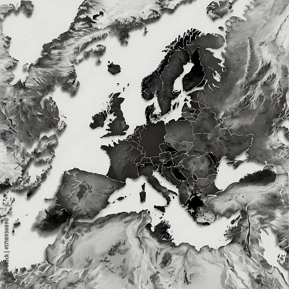 Detailed grayscale 3D relief map showcasing the diverse topography and ...