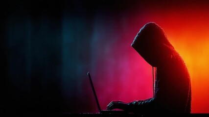 Shadow Hacker at Work: Enigmatic figure immersed in the digital world, lit by dramatic hues, suggesting the hidden world of technology, data, and virtual operations.
