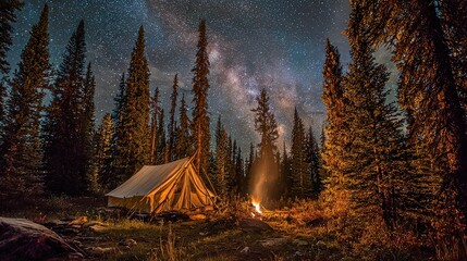 Night Sky Over Campsite in Pine Forest