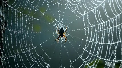 A spider rests on an intricate web covered in glistening morning dew. Cinematic close-up zooming in on the backlit spiderweb in a dark forest. Natural wildlife footage.