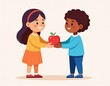 © its.myillusions - Adorable vector cartoon of a young girl giving a ripe red apple to a boy, showcasing an act of kindness and sharing between multicultural friends