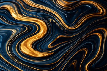 Wall Mural - abstract gold and dark blue flowing lines on glossy liquid surface background with smooth light refl