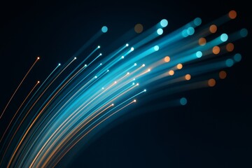 Wall Mural - abstract glowing fiber optic light trails in motion against dark background creating digital technol