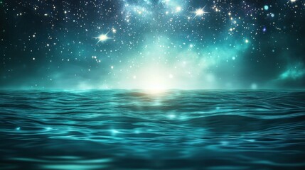 A surreal abstract background with light bursts, glowing stars, and gentle waves in shades of teal, purple, and blue, creating a dreamlike atmosphere