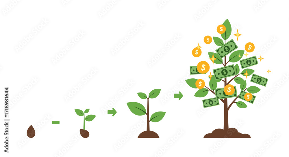 Tree Money Cycle Money Tree Growth Stages From Seed to Mature Plant. Stock Vector ...