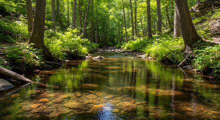  Tranquil Forest Stream: Sunlit Pool in a Lush Green Corridor