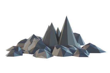 Wall Mural - Low-poly 3D render of a mountain range with sharp peaks and a grey color palette. background removed