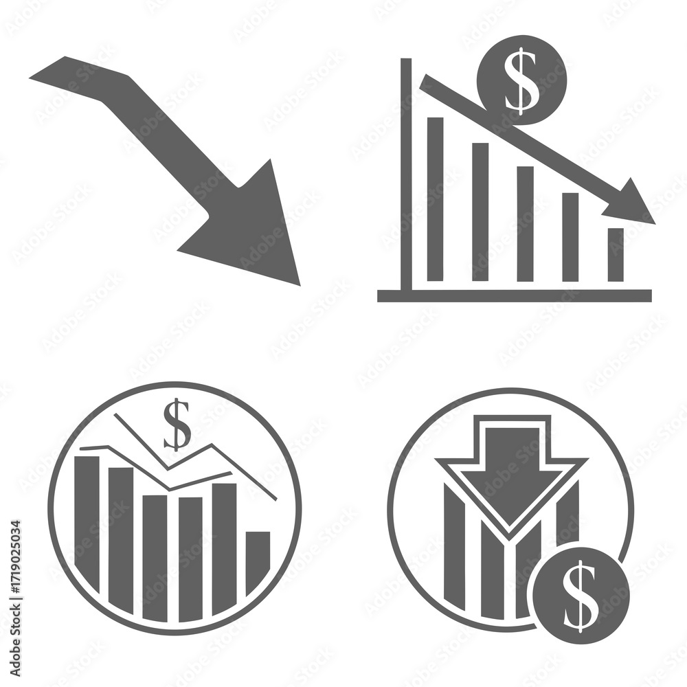 loss graph icon set in two styles . downward trend... Vector art of set of business and finance icons showing a downward ...