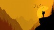 © renny - Silhouetted hiker standing on a cliff at sunset, surrounded by mountains and flying birds