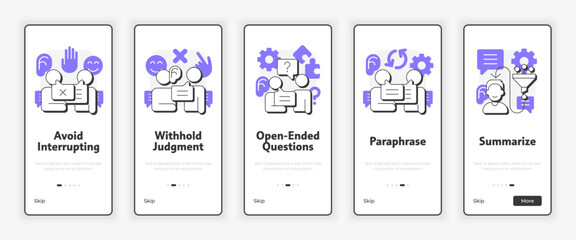 Wall Mural - Active listening techniques mobile onboarding screen. Communication skills. UX UI illustration. Flat outline style icons with purple accent. Informa Pro Bold, Montserrat Light fonts used