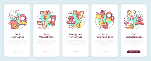 Wall Mural - Menopause prevention onboarding mobile app screen. Age changes. Walkthrough 5 steps editable graphic instructions with linear concepts. UI, UX, GUI. Montserrat SemiBold, Regular fonts used