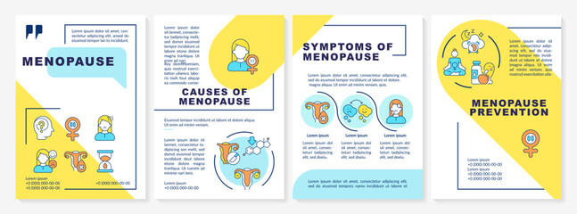 Wall Mural - Menopause blue and yellow brochure layout. Causes, symptoms and prevention. Mature women health. Leaflet advertising design with color line icons. Editable 4 pages. Questrial, Lato-Regular fonts used