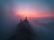 © MindVerse - Summit Conquerors: Two figures stand triumphantly atop a rugged mountain peak, silhouetted against a breathtaking sunset canvas of vibrant hues and enveloping clouds, epitomizing achievement.