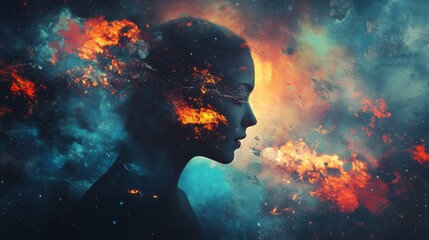 Wall Mural - A woman's silhouette with flames bursting from her head, set against a swirling nebula background.
