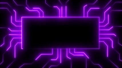 Animated Glowing neon circuit animation on black background. icon isolated CPU, central processing unit, microchip, microcircuit, computer processor.