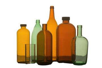 Wall Mural - Collection of amber and green glass bottles and a glass, arranged against a transparent background. background removed