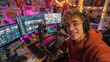 © Lioba - A Young Male Content Creator with Glasses and Headphones, Smiling and Actively Engaging with His Audience from a Vibrant, Colorful Home Studio.
