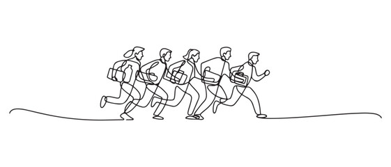 Naklejka na meble Continuous one line drawing of Rear view of the rescue team carrying relief items while running. one line Icon drawing with white background