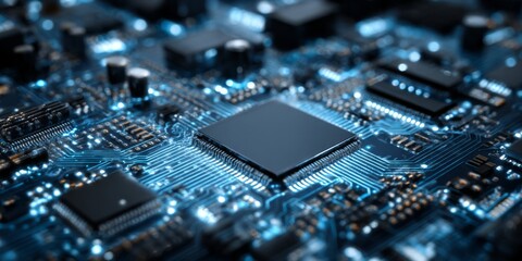 Wall Mural - Modern Technology Circuit Board with IT Focused Concept in Blue Color Scheme and Digital Networking Elements