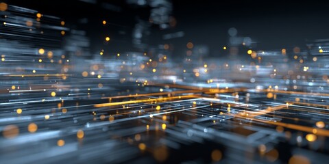 Wall Mural - Futuristic Abstract Technology Landscape with Digital Grid, Data Flow, and Neon Light Effects in a 3D Environment