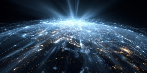 Wall Mural - Futuristic Digital World Network Concept with Global Connectivity and Bright Light Beams over Earth at Night
