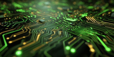 Wall Mural - Abstract Close-Up of a Circuit Board with Green Lines and Glowing Elements in Dark Background
