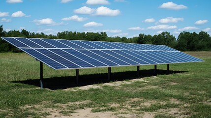 Large solar panel array set up on a grassy field under a blue sky