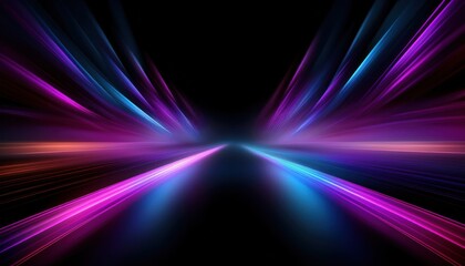 Wall Mural - vibrant neon light beams stretching forward in a dynamic abstract futuristic landscape, glowing streaks of purple blue and pink perfect for digital backgrounds and tech design