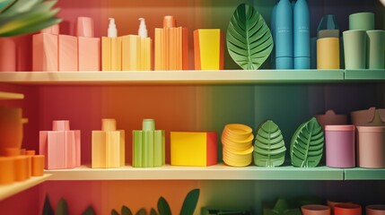 Wall Mural - A vibrant display of colorful containers on shelves. Ideal for product promotion or creative projects. These items can enhance any artistic concept. Generative AI
