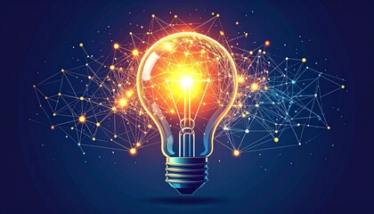 A Mind Map of an Idea. A conceptual illustration showing a central, glowing lightbulb. Branching out from it are interconnected lines and nodes, forming a complex mind map or neural network.
